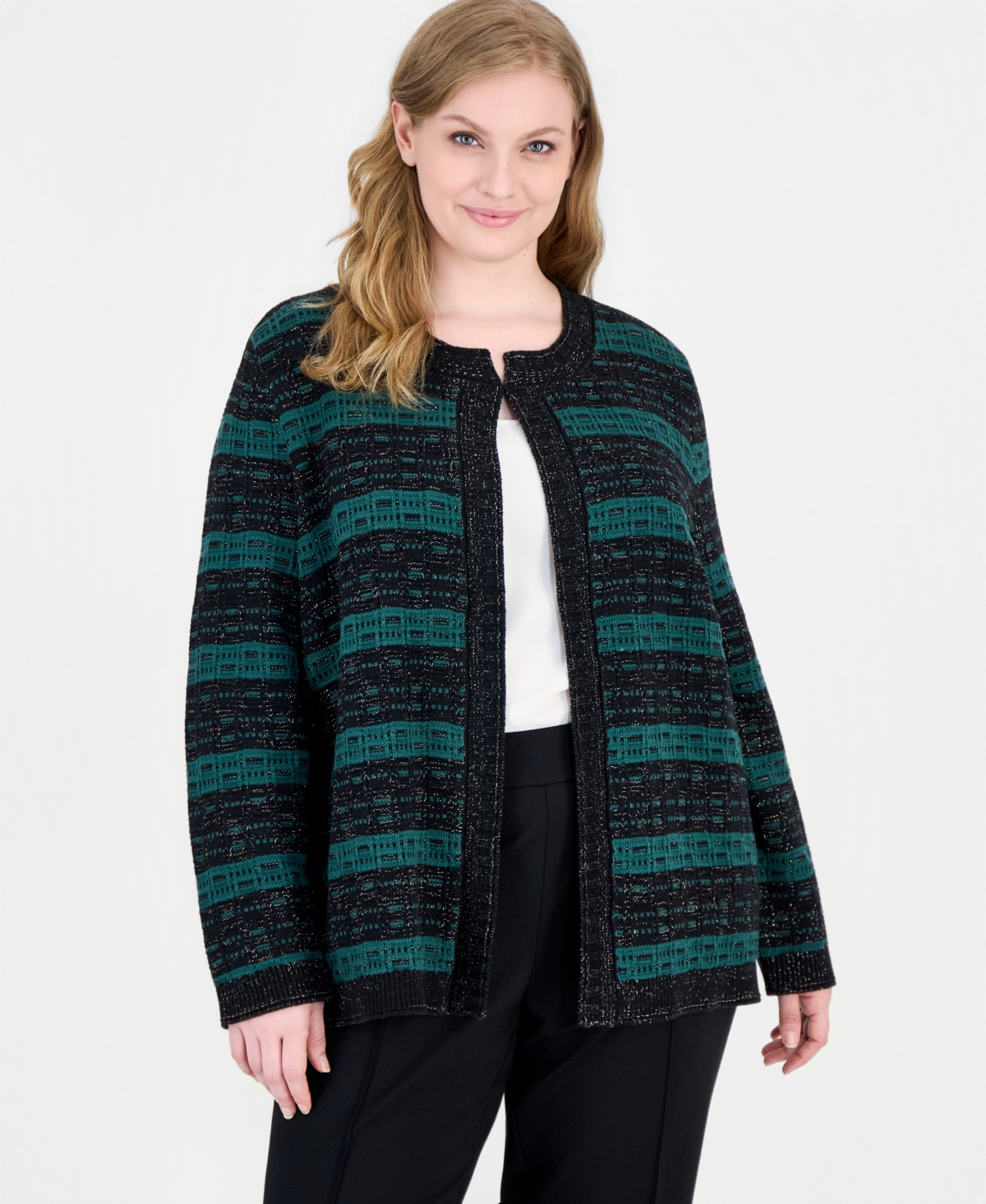Kasper Plus Size Open-Front Textured-Stitch Cotton-Blend Cardigan