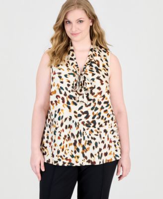 Plus Size Tie Front Animal-Print Sleeveless Blouse