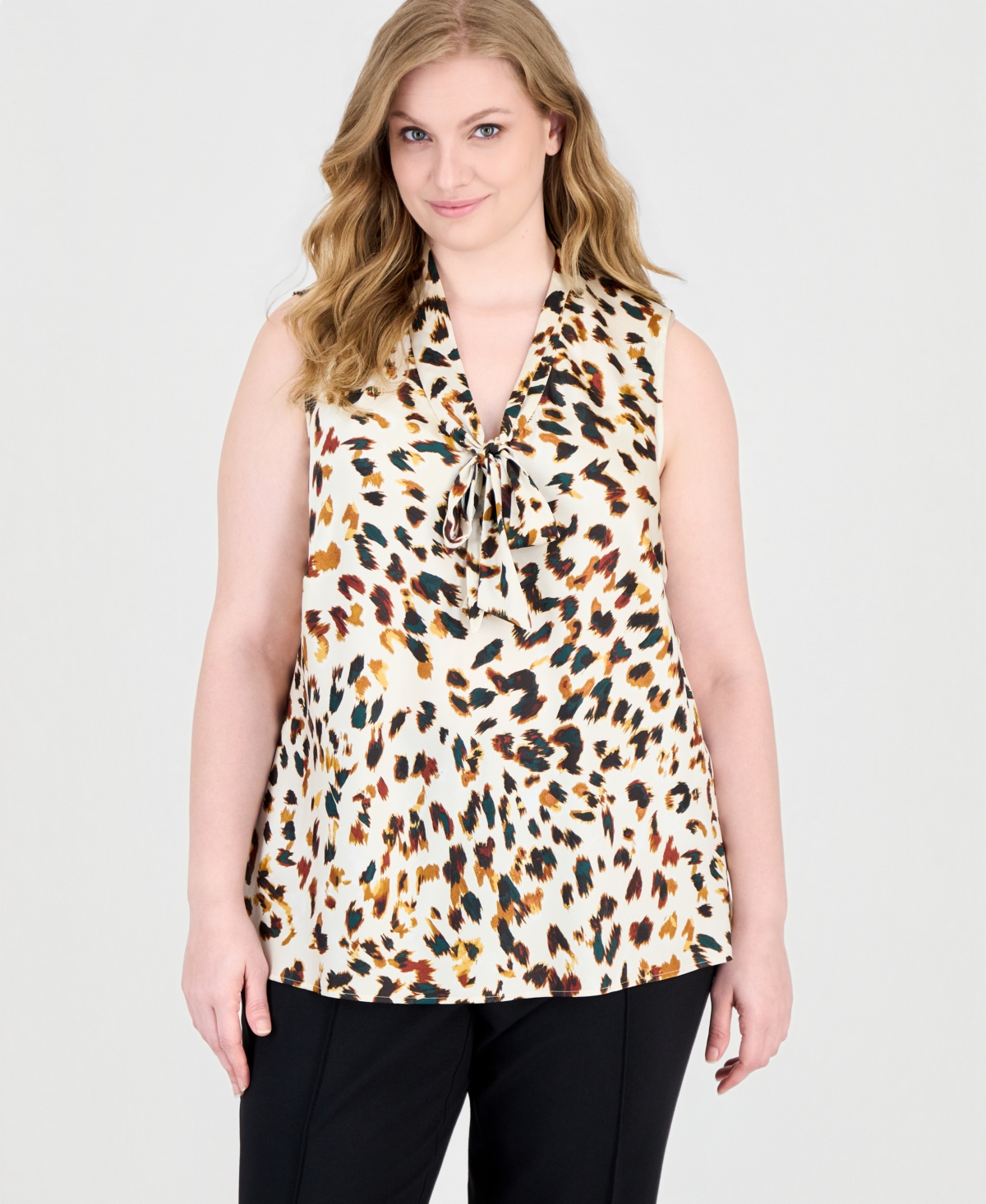 Kasper Plus Size Tie Front Animal-print Sleeveless Blouse In Sepia Spice Multi
