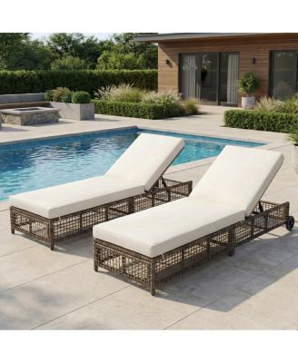 Set of 2 Outdoor Rattan Chaise Lounges with Wheels, 5-Position Adjustable Patio Loungers