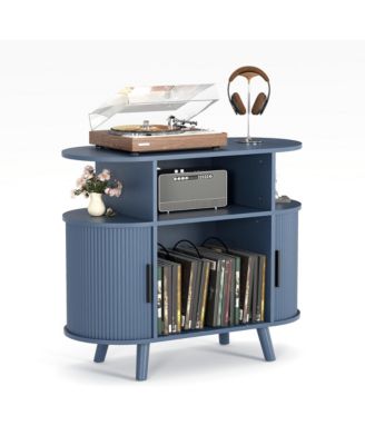Mid-Century Fluted Turntable Cabinet, 35 Inch Arched Record Player Stand with Charging Station and Display Shelf