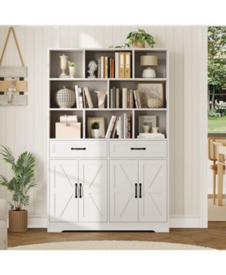 71 Inch Tall Bookcase with 8 Open Cubbies, 2 Drawers and 4 Doors, 6-Tier Wood Display Cabinet for Living Room and Office