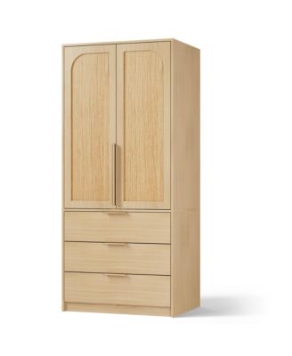 Wooden Wardrobe Armoire, 69 Inch Wood Closet with Rattan Doors and Hanging Rod for Bedroom