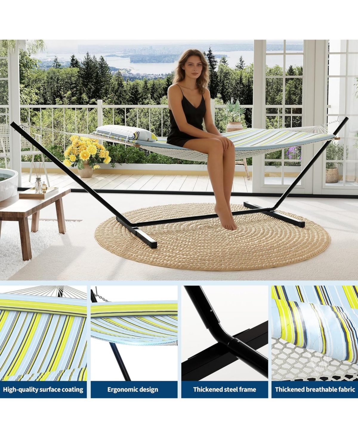 gaomon Double Hammock with Stand – 2-Person Cotton Rope Hammock with Polyester Quilted Pad and Pillow, 475 Lbs Capacity Portable Hammock for Garden