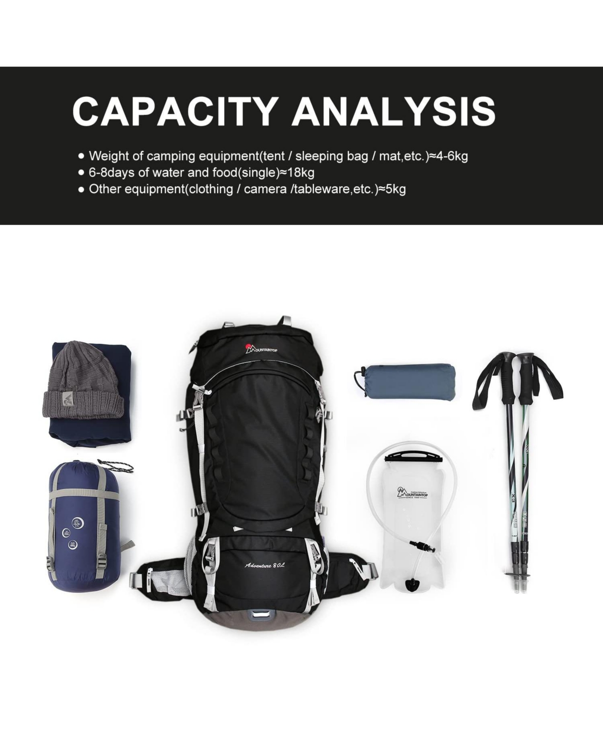 Mountaintop 80 Liter Internal Frame Backpack for Man and Women Backpacking Hiking