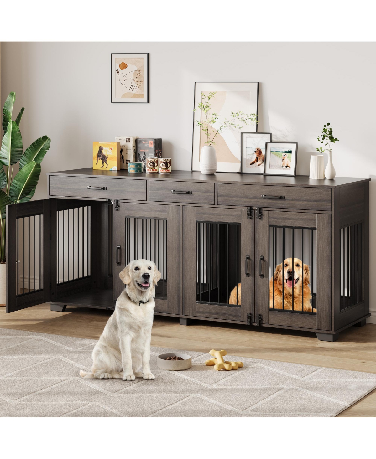Homfan Furniture Style Dog Crate with 2 Storage Drawers and Iron Indoor Dog Kennel End Table, Heavy Duty Pet Cage for Medium Large Dogs