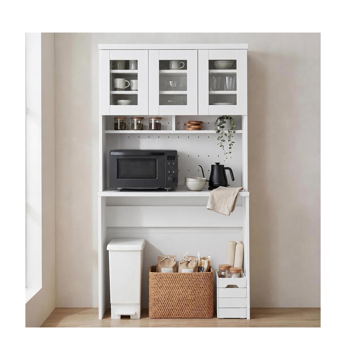 homfan 71.5" Kitchen Cabinet with Trash Can Storage and Microwave Stand, 35.4" Wide Pantry Hutch for Kitchen and Dining Room - White