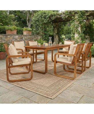 7 Pieces Patio Dining Set, Solid Wood Outdoor Table and 6 Chairs with Removable Cushions, Outdoor Furniture for Garden