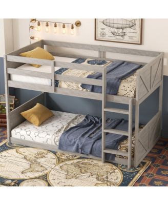 Twin over Twin Floor Bunk Bed with Panelled Headboard, Solid Rubber Wood Foundation