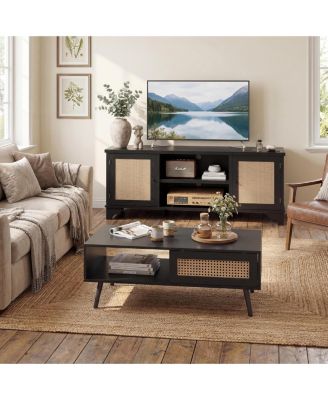 Living Room Table Set of 2 - 62"Rattan TV Stand Storage Cabinet for 65" TV and Farmhouse Coffee Table with Storage Shelf