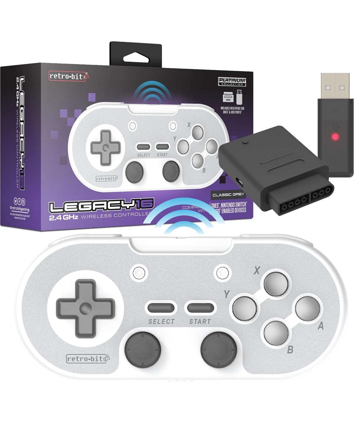 Retro-Bit Legacy16 2.4GHz Wireless Controller for Snes, Switch, and Usb Devices - Gray