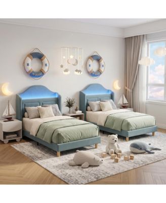 Upholstered Twin Kids Bed with Soft Padded Headboard LED Night Light, Storage, Sturdy Iron and Plywood Frame, Easy Assembly