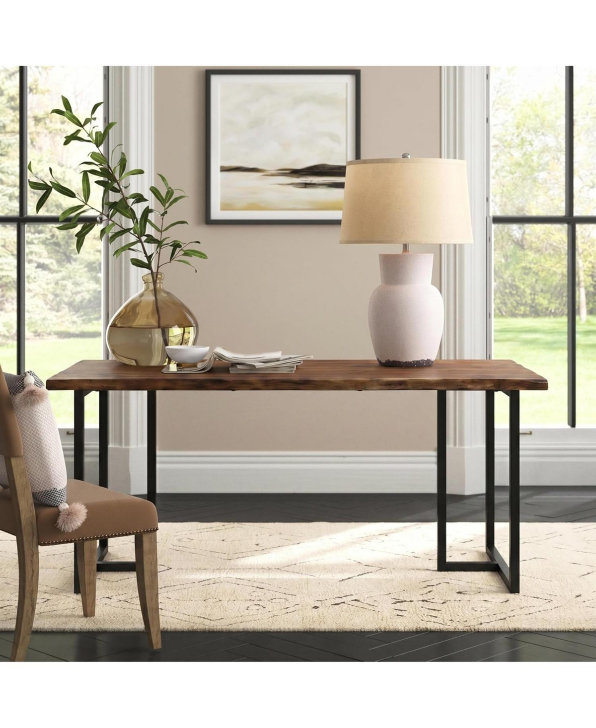 Tribesigns 63" Home Office Desk:Solid wood writing desk with edge.Heavy duty industrial desk with U-shaped metal frame.Large computer workstation
