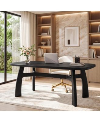 63" Computer Desk: Solid wood with boat-shaped top and H-shaped legs. Modern executive table for home office. Ample legroom
