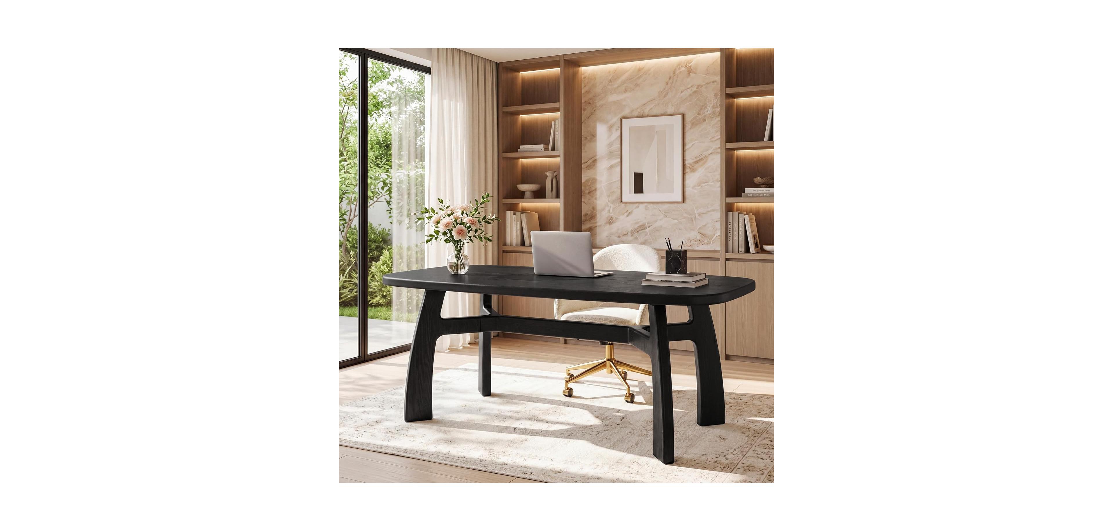 Tribesigns 63" Computer Desk: Solid wood with boat-shaped top and H-shaped legs. Modern executive table for home office. Ample legroom