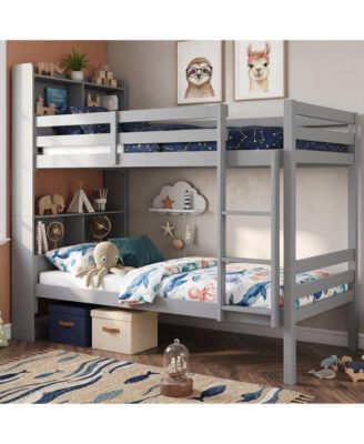 Bed with Shelves Headboard Guardrails Ladder, Convertible to 2 Beds