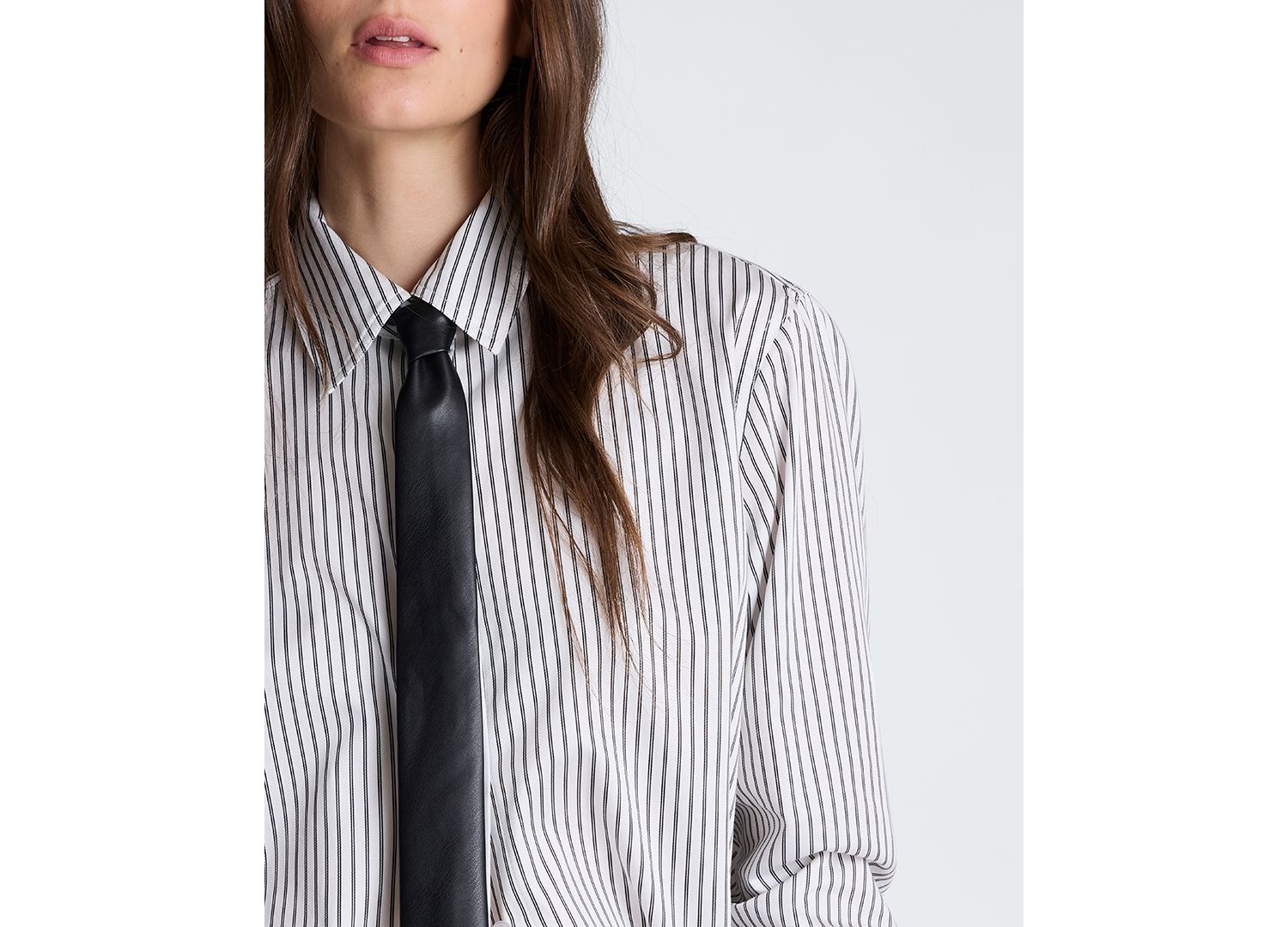 Women's Pinstripe Button Down Shirt with Faux Leather Tie