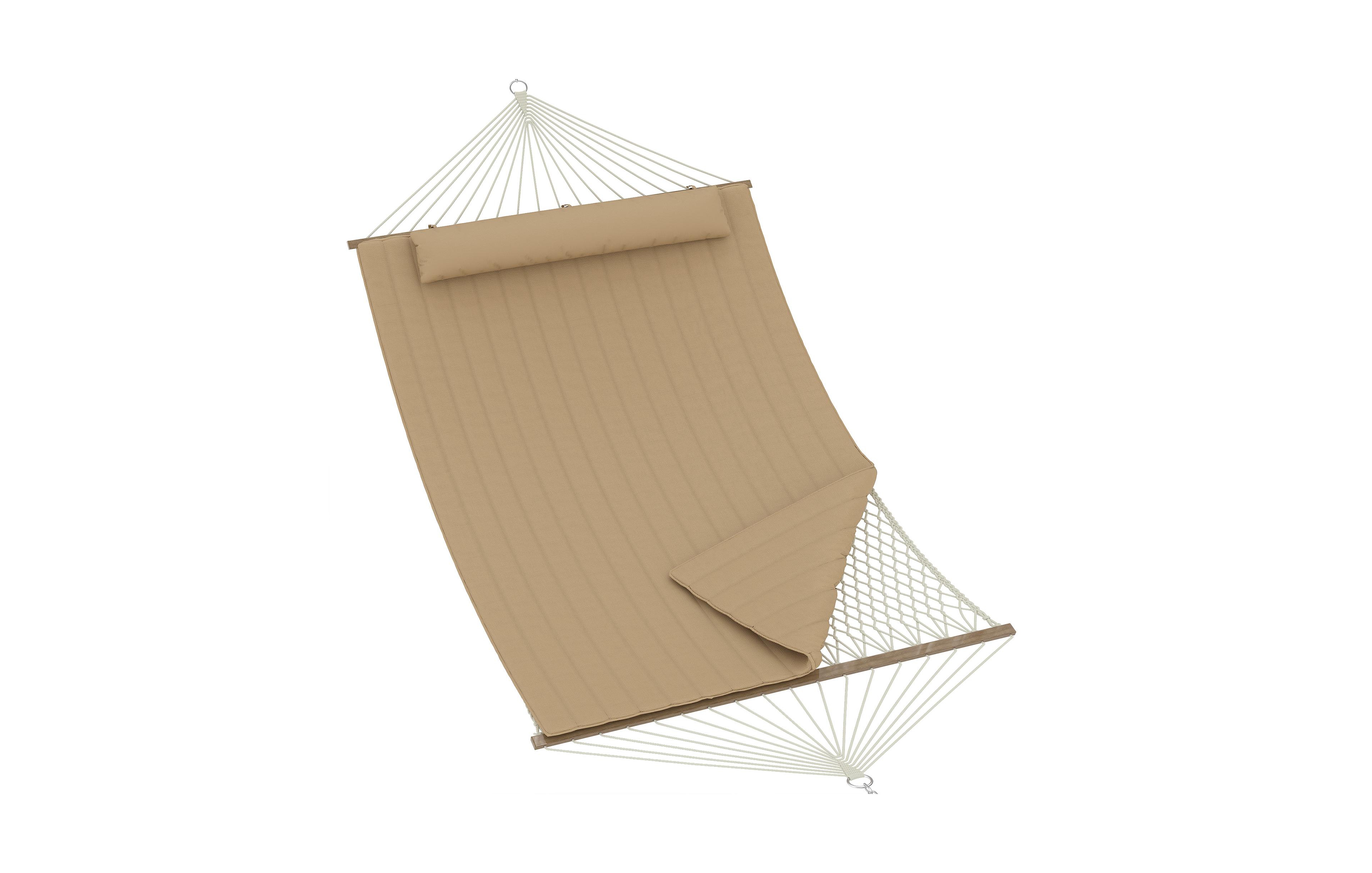 GarveeLife Double Outdoor Hammock Quilted Hammock with Spreader Bar and Removable Pillow Adjustable Steel Frame Cotton Rope and Polyester Pad