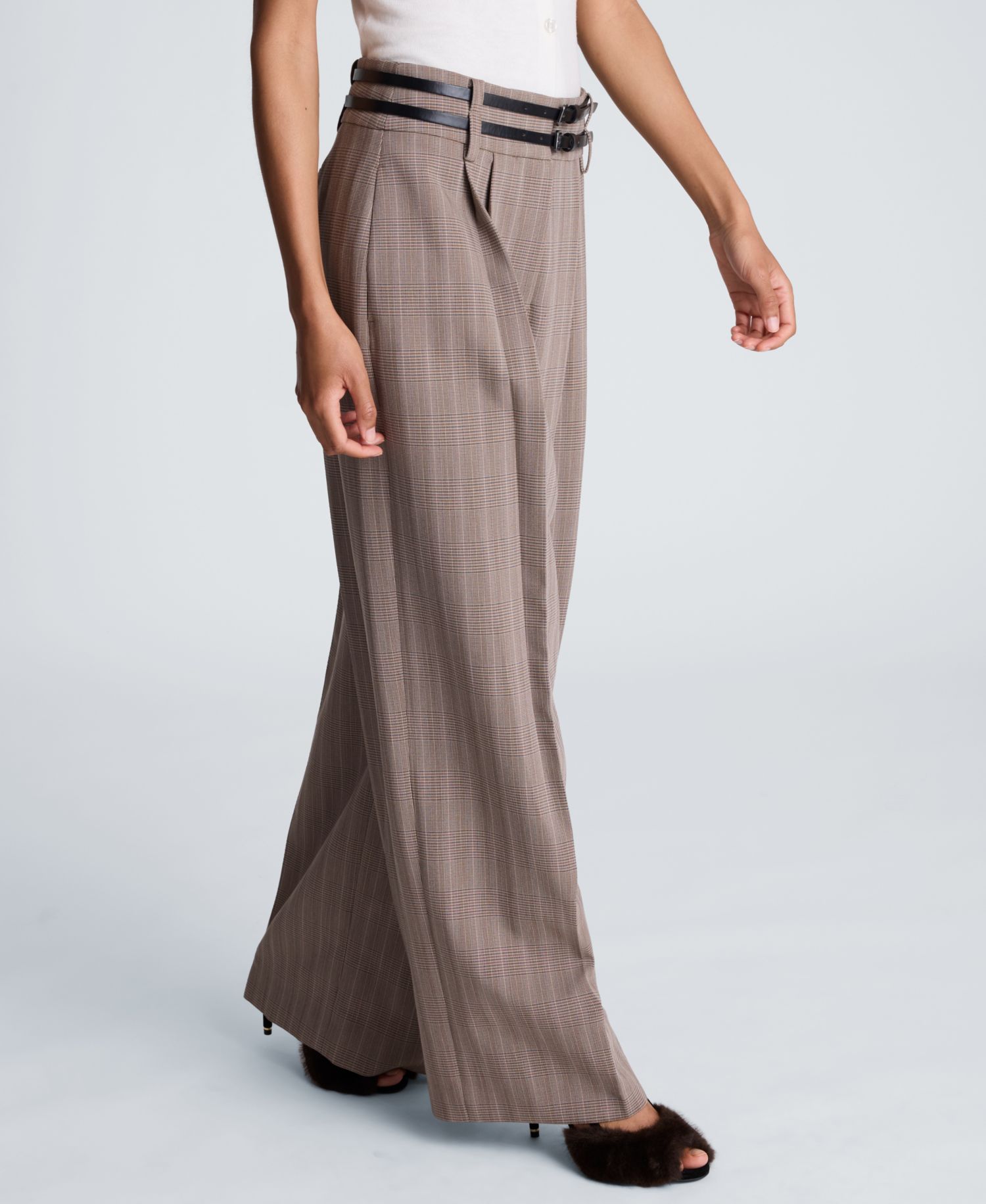 Women's High-Rise Double-Belt Pleated Wide-Leg Pants