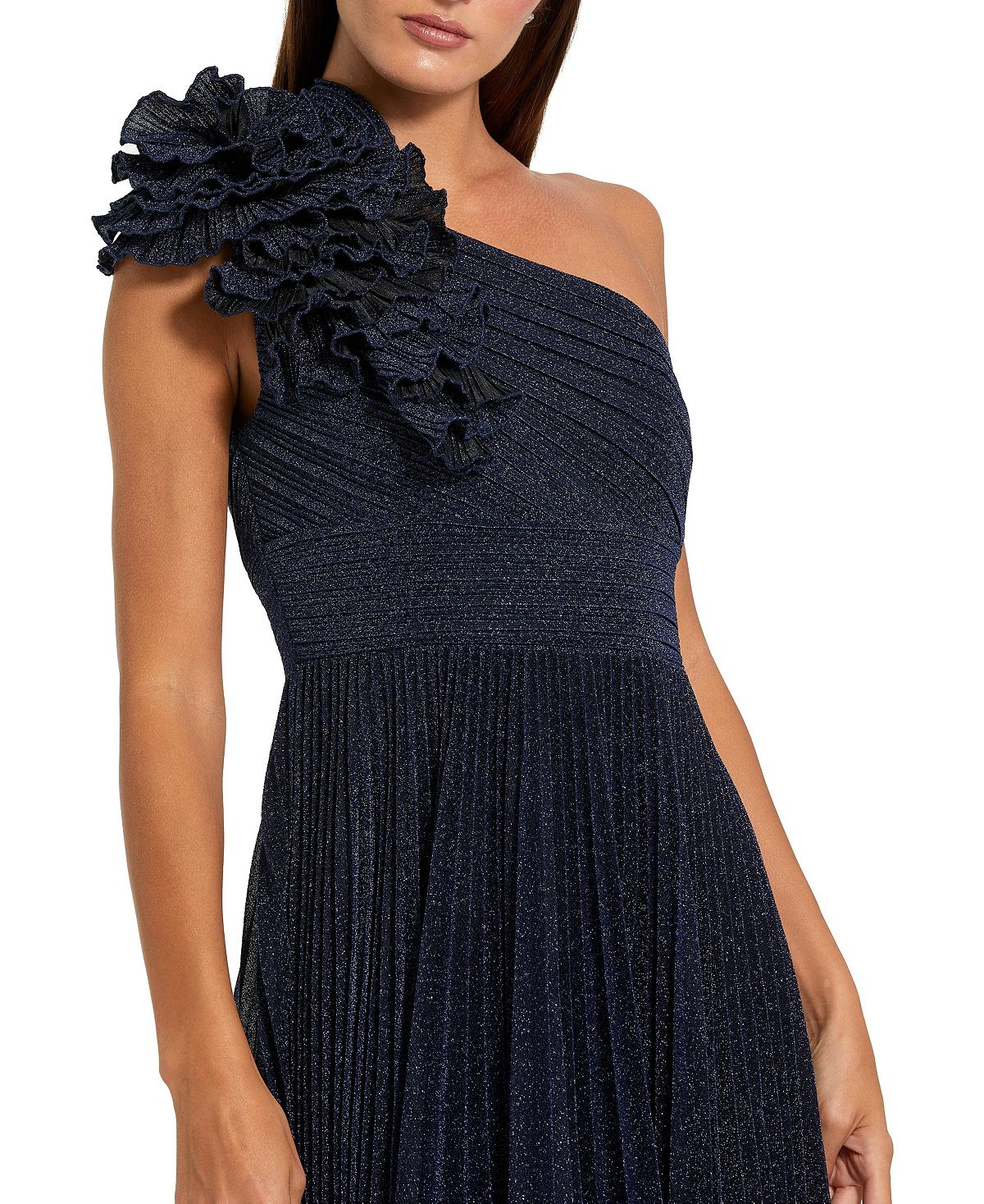 Mac Duggal Petite Pleated Metallic One Shoulder Gown With Ruffle view 2 — MAYCSS fashion products