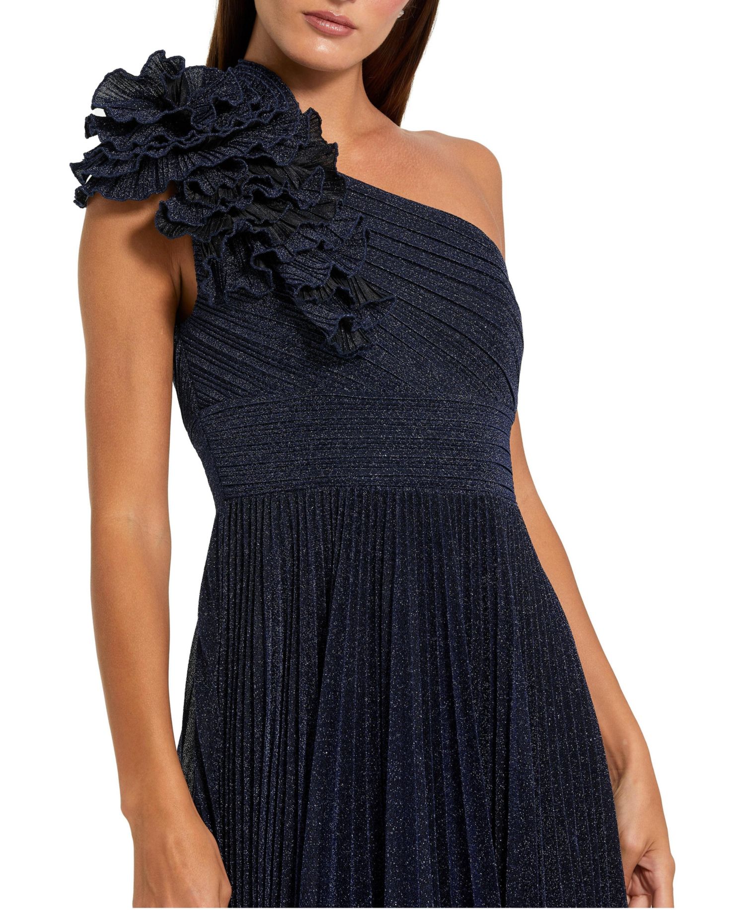 Petite Pleated Metallic One Shoulder Gown With Ruffle