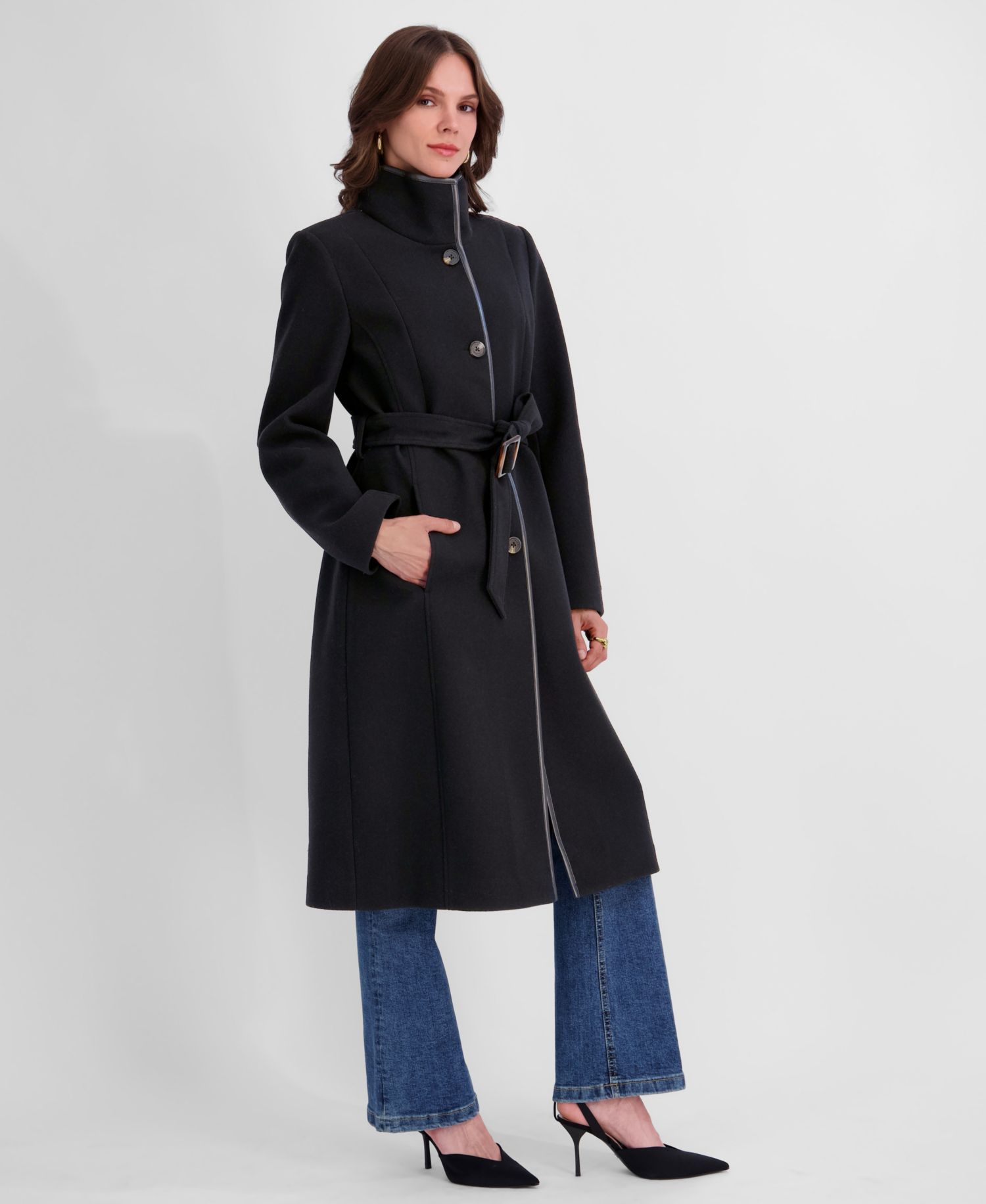 Women's Belted Faux-Leather Trimmed Funnel Neck Coat