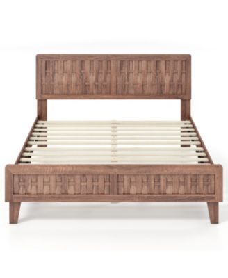 Queen Size Bed Frame with Woven Headboard, Mid-Century Style Furniture