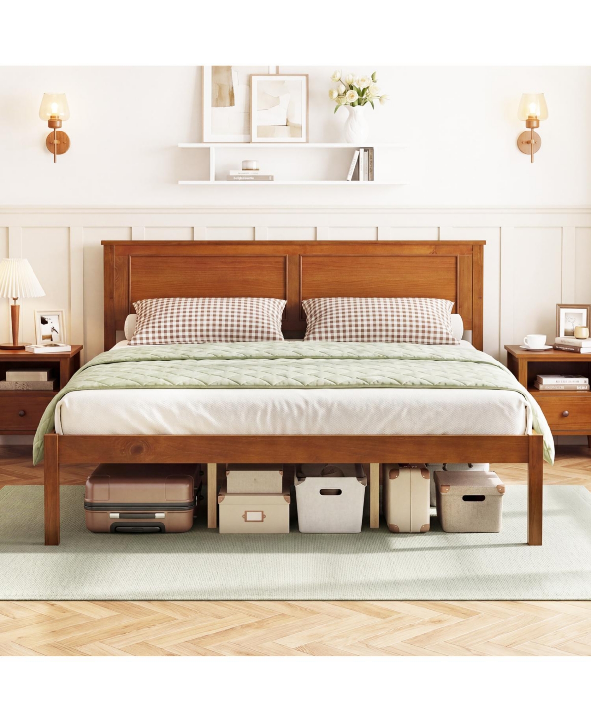 Slickblue Wooden Farmhouse Bed Frame with Platform Headboard