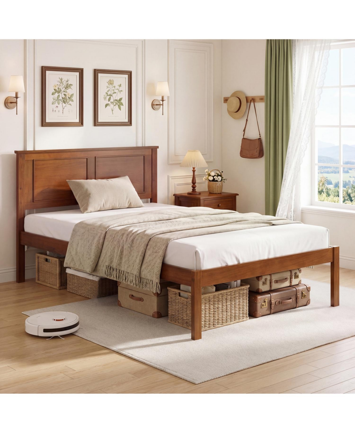 Slickblue Wooden Farmhouse Bed Frame with Platform Headboard