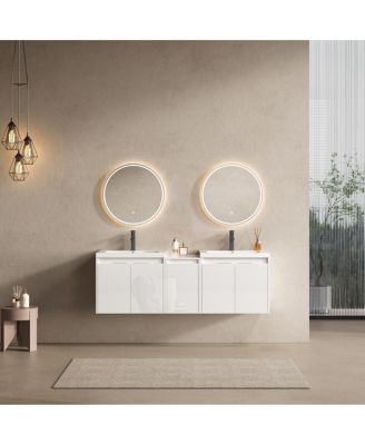 59 Inch Wall Mounted Double Bathroom Vanity with Resin Sinks, Soft Close Doors, Water-Resistant Cabinet, Side Storage