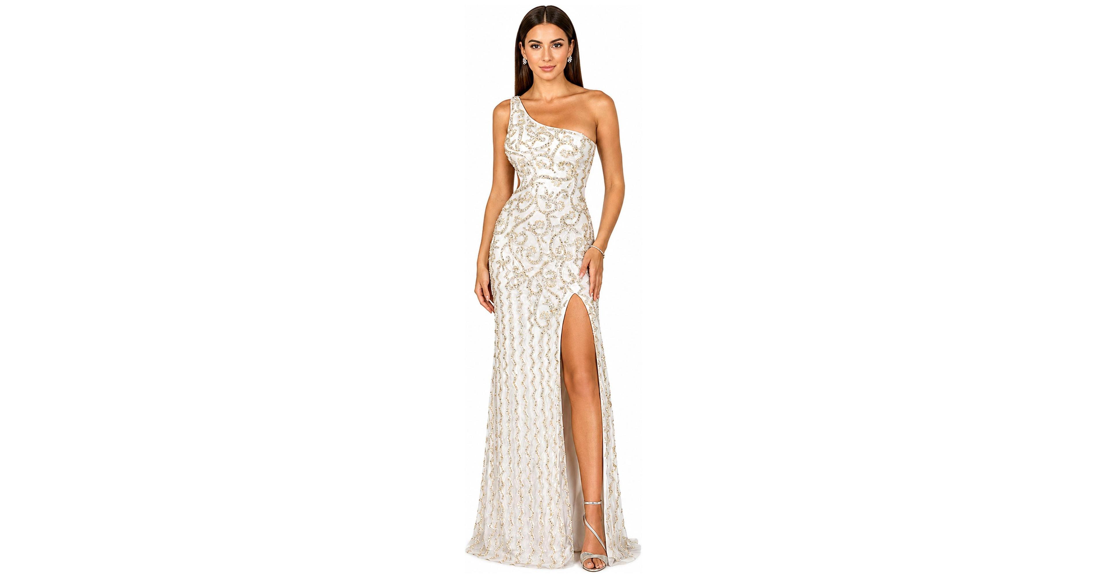 Lara Women's One-Shoulder Beaded Gown with Slit
