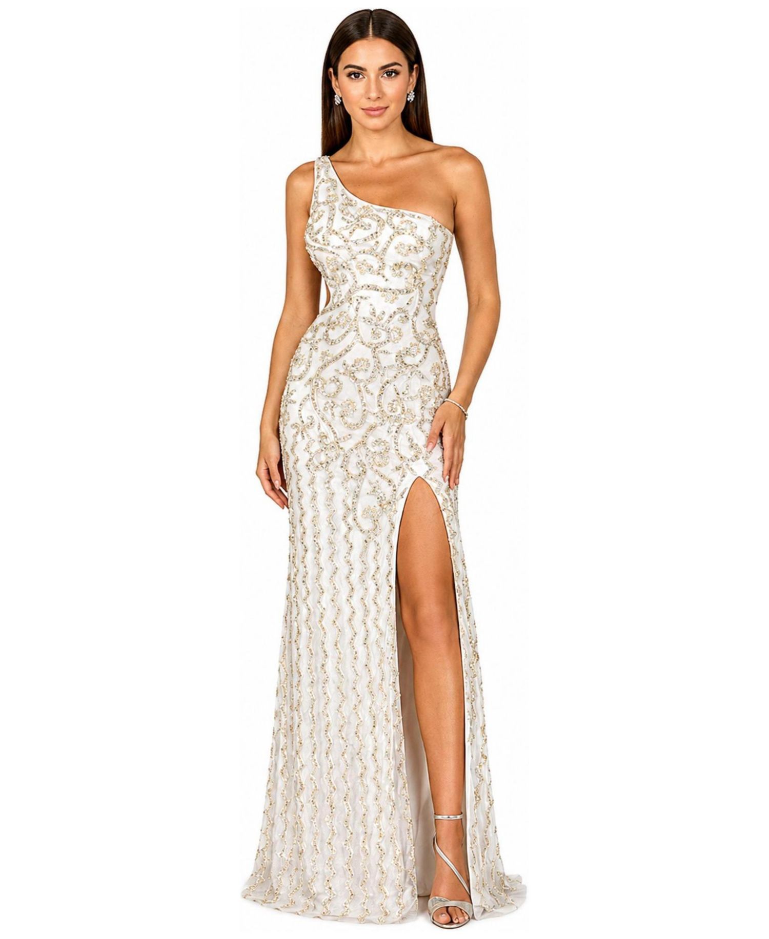 Women's One-Shoulder Beaded Gown with Slit