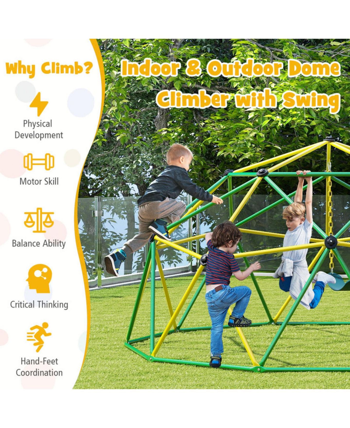 Детская игрушка GOUUN 10 Foot Geometric Dome Climber with EVA Swing, 800 Lb Load Capacity, Ages 5-12, цвет: Зелёный — фото 5