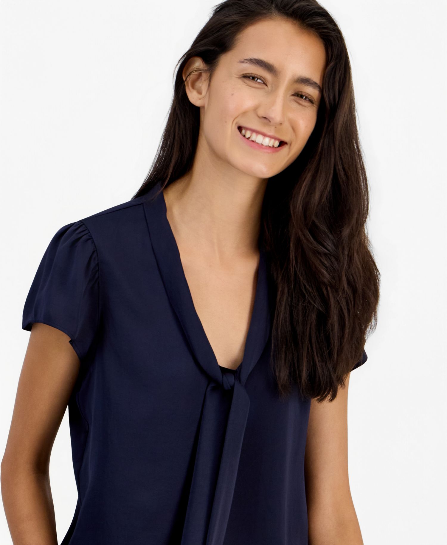 Women's Satin Tie-Neck Flutter-Sleeve Short-Sleeve Blouse