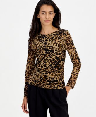 Women's Leopard-Print Ruched Mesh Top