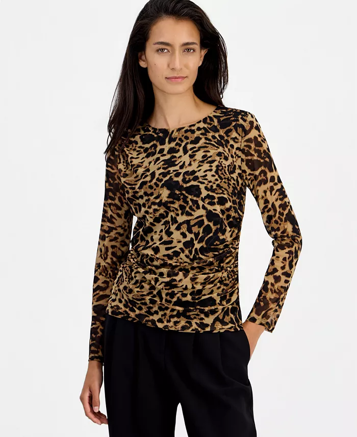 Women's Leopard-Print Ruched Mesh Top