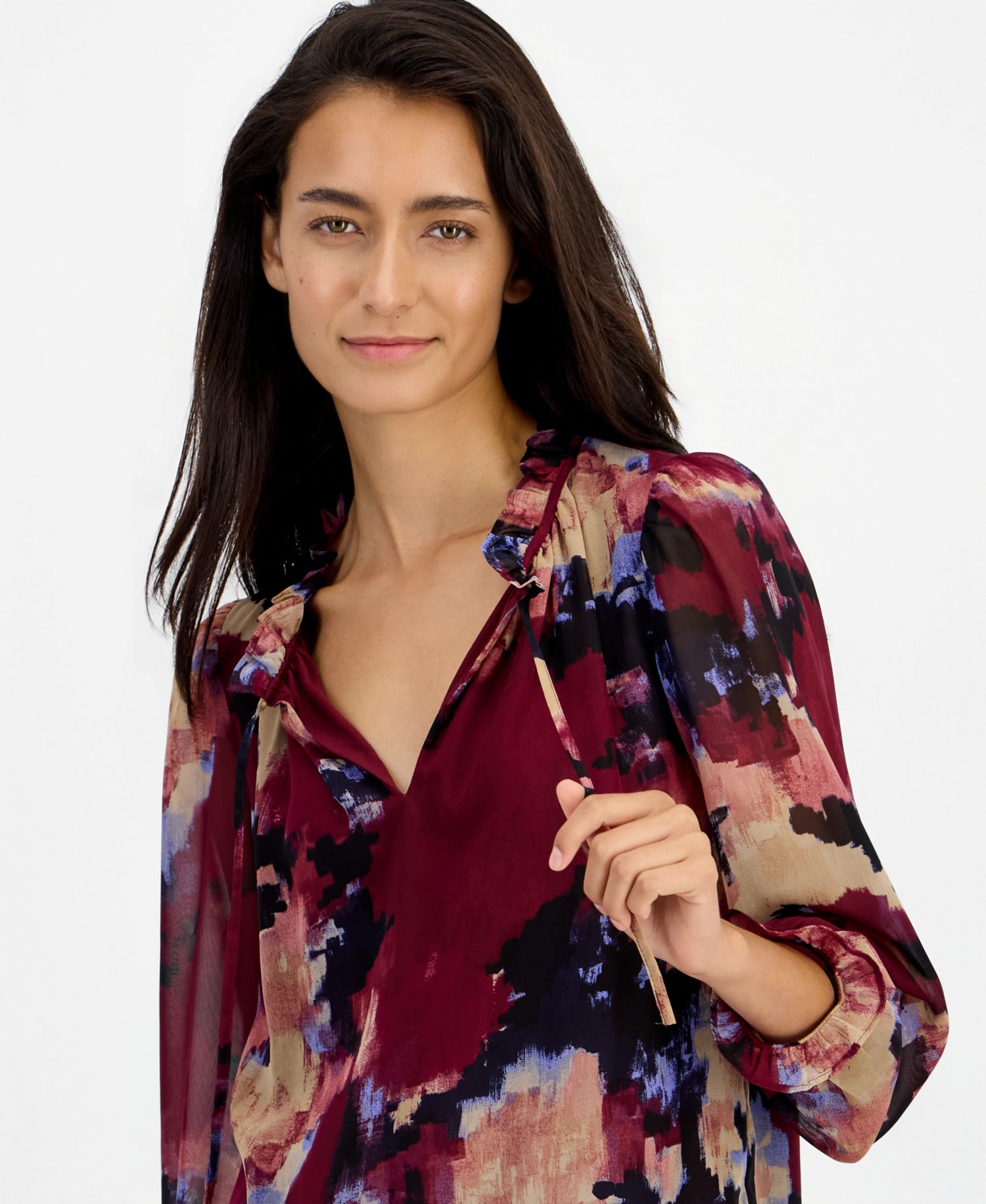 Women's Ruffle Tie Neck Long-Sleeve V-Neck Blouse