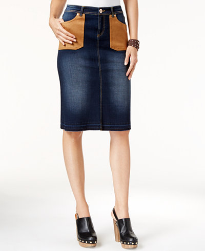 INC International Concepts Faux-Suede-Pocket Denim Pencil Skirt, Only at Macy's