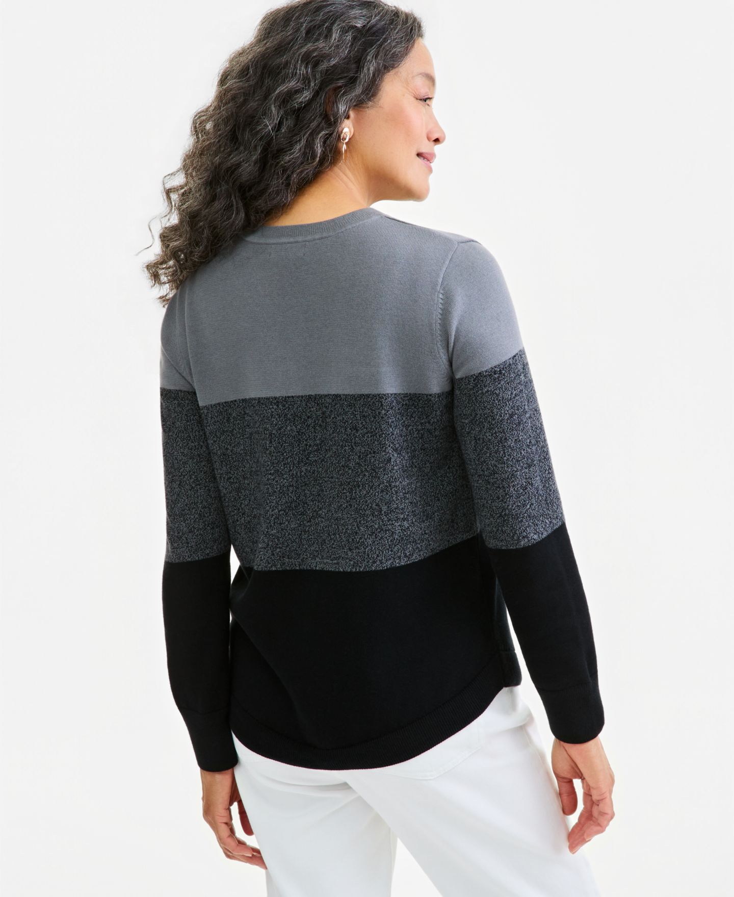 Женский свитер Style & Co Petite Cotton Colorblocked Curved-Hem, цвет: Глубокий чёрный — фото 4