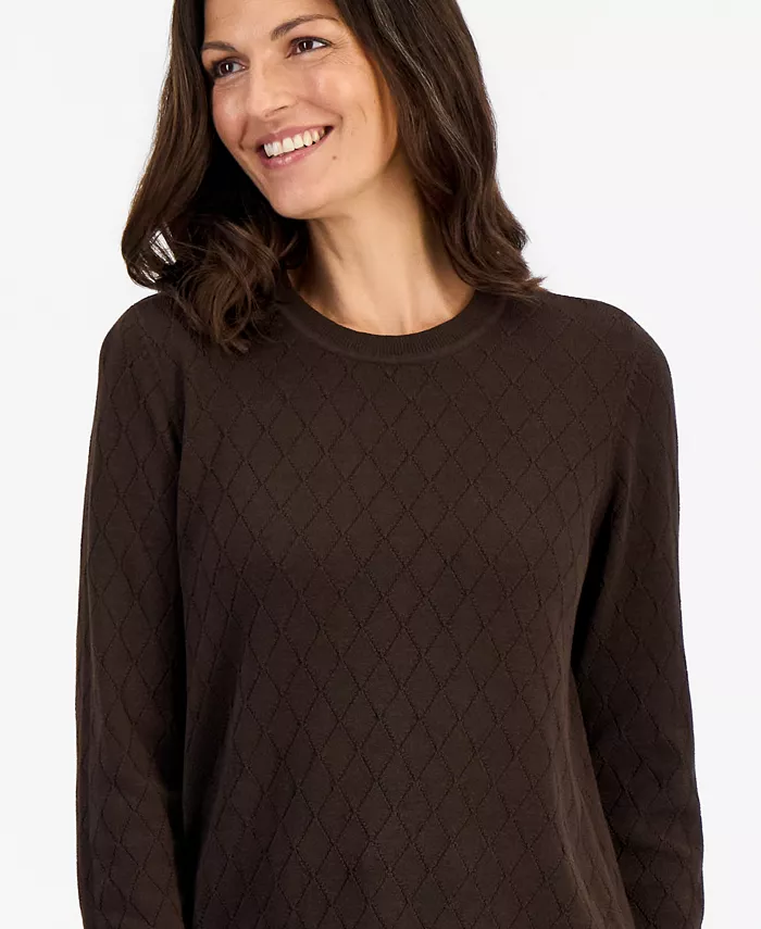 Petite Solid Curved Hem Crew Long-Sleeve Mixed-Textured Stitch Sweater - thumbnail 8