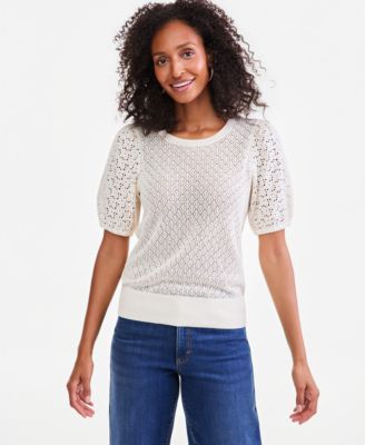 Petite Puff-Sleeve Pointelle Sweater
