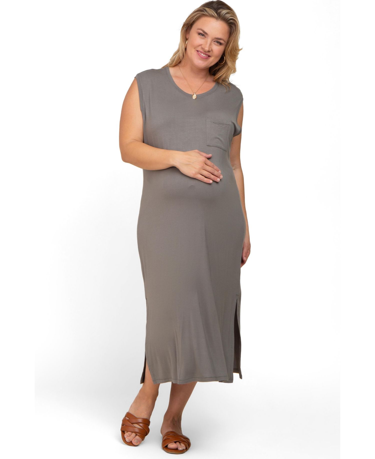 Women's Maternity Sleeveless Front Pocket Plus Midi Dress
