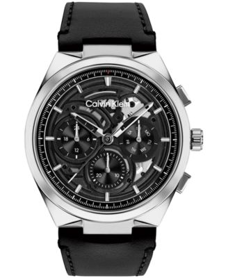 Men's Distinguish Skeleton Black Leather Strap Watch 44mm