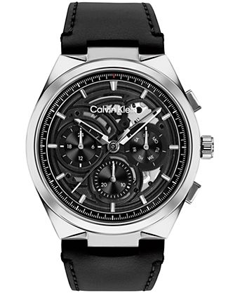 Men's Distinguish Skeleton Black Leather Strap Watch 44mm