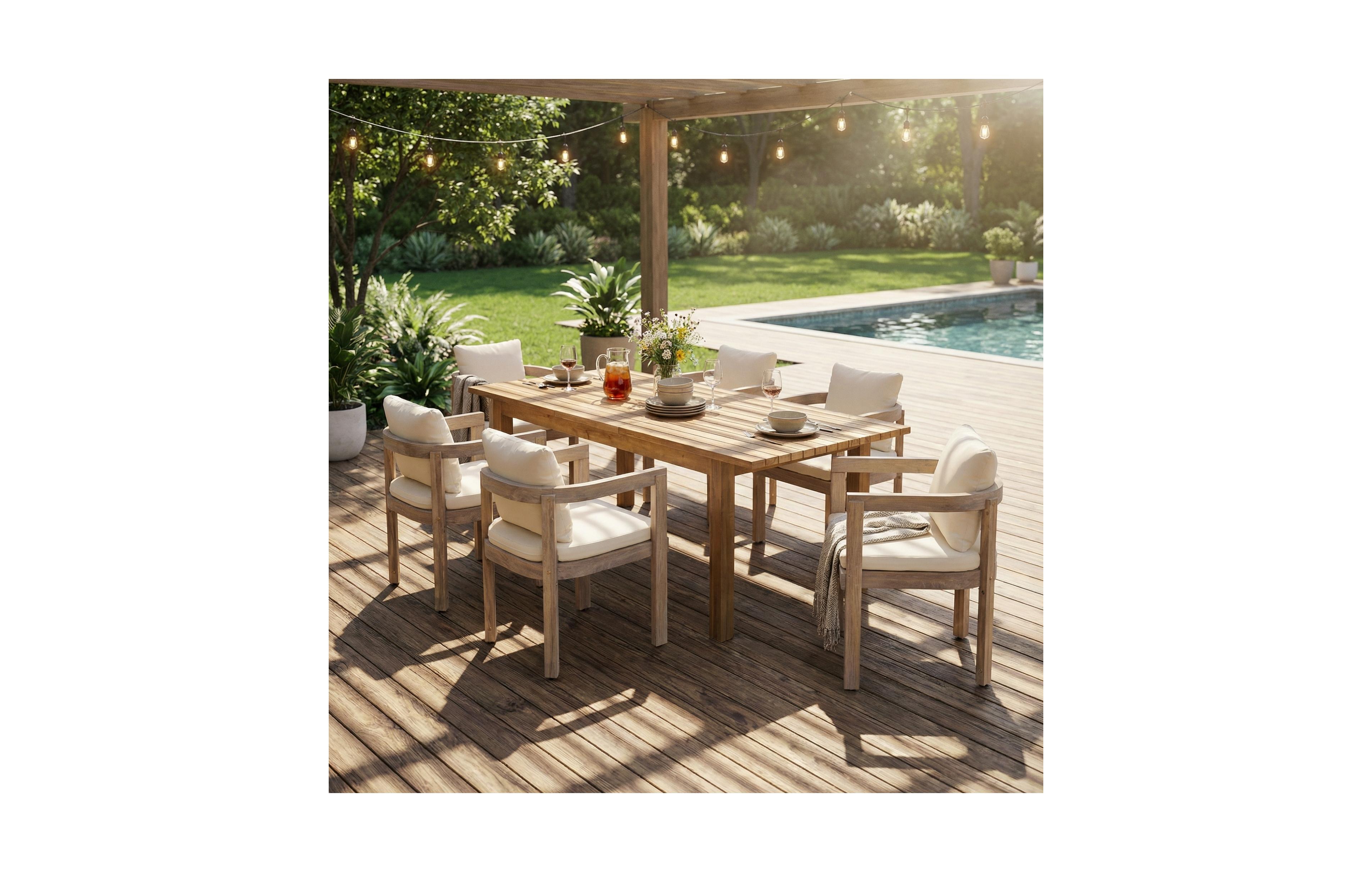 Clihome 7-Piece Acacia Wood Outdoor Dining Set, Modern 6 Chairs and 1 Extendable Table, Patio Furniture Set