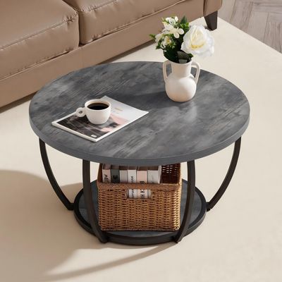 Coffee Table Modern Round 2 Tiers Wooden Circle with Open Storage