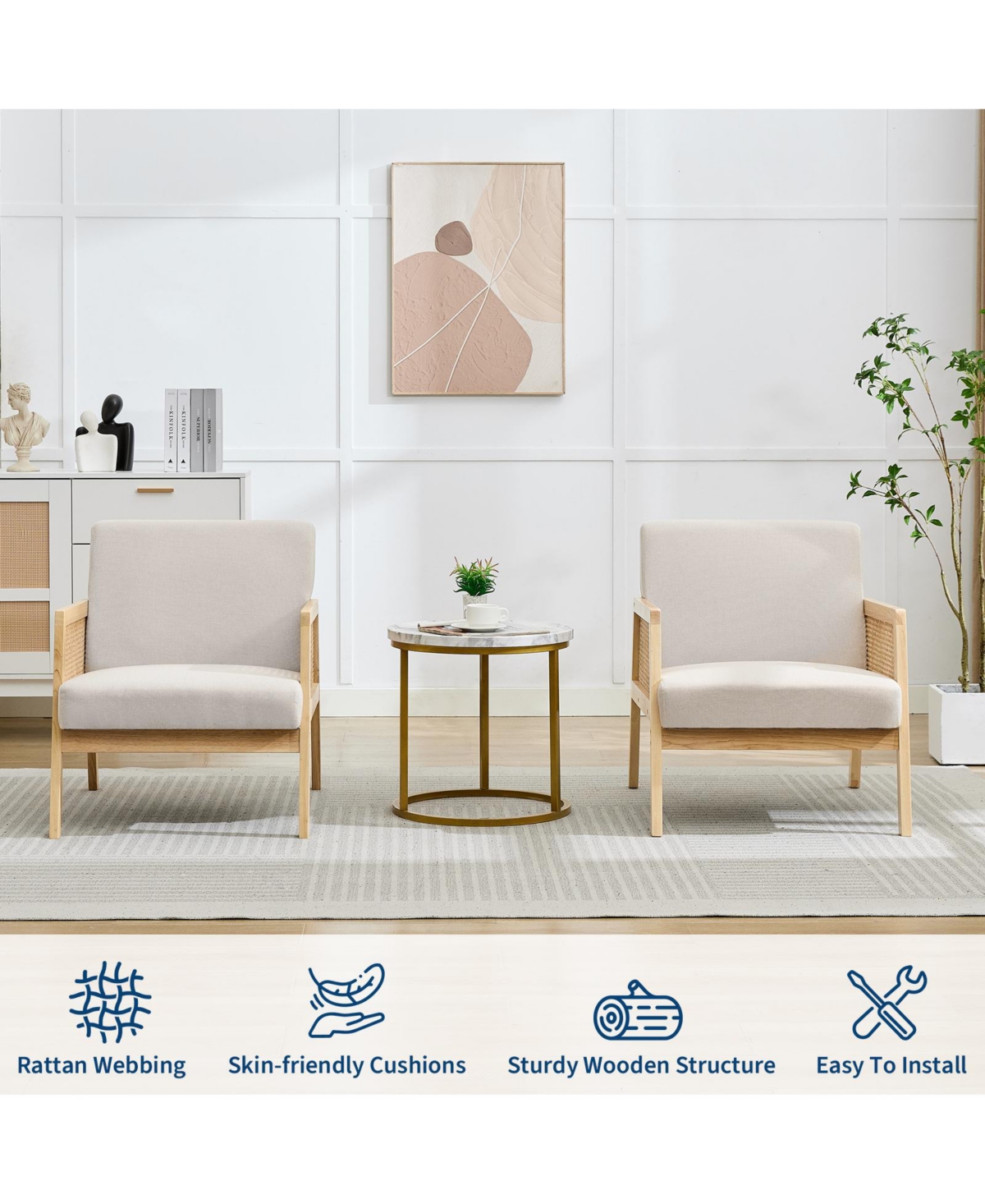 homfan 2 Piece Mid-Century Accent Chair with Rattan Armrests, Linen Upholstery, Thick Cushions, Wood Legs, Lounge Chair for Living Room