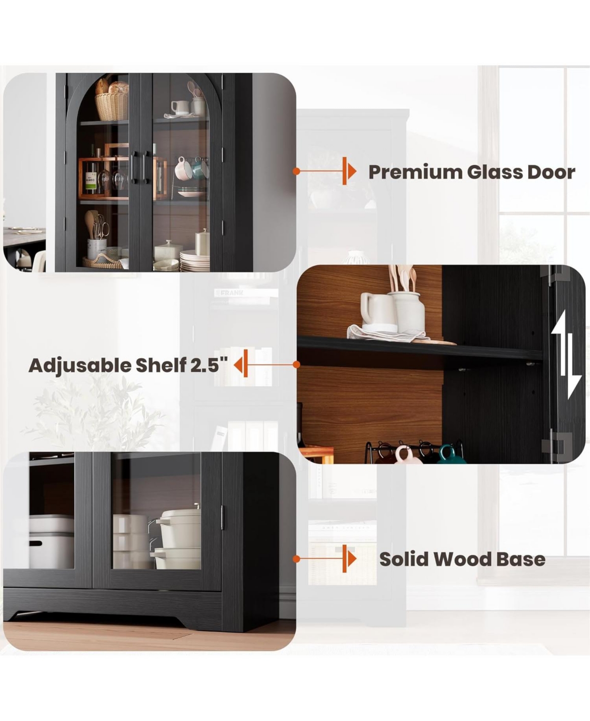 gaomon 70" Tall Kitchen Pantry Cabinet with 4 Arched Glass Doors, Modern Display Storage Adjustable Shelves