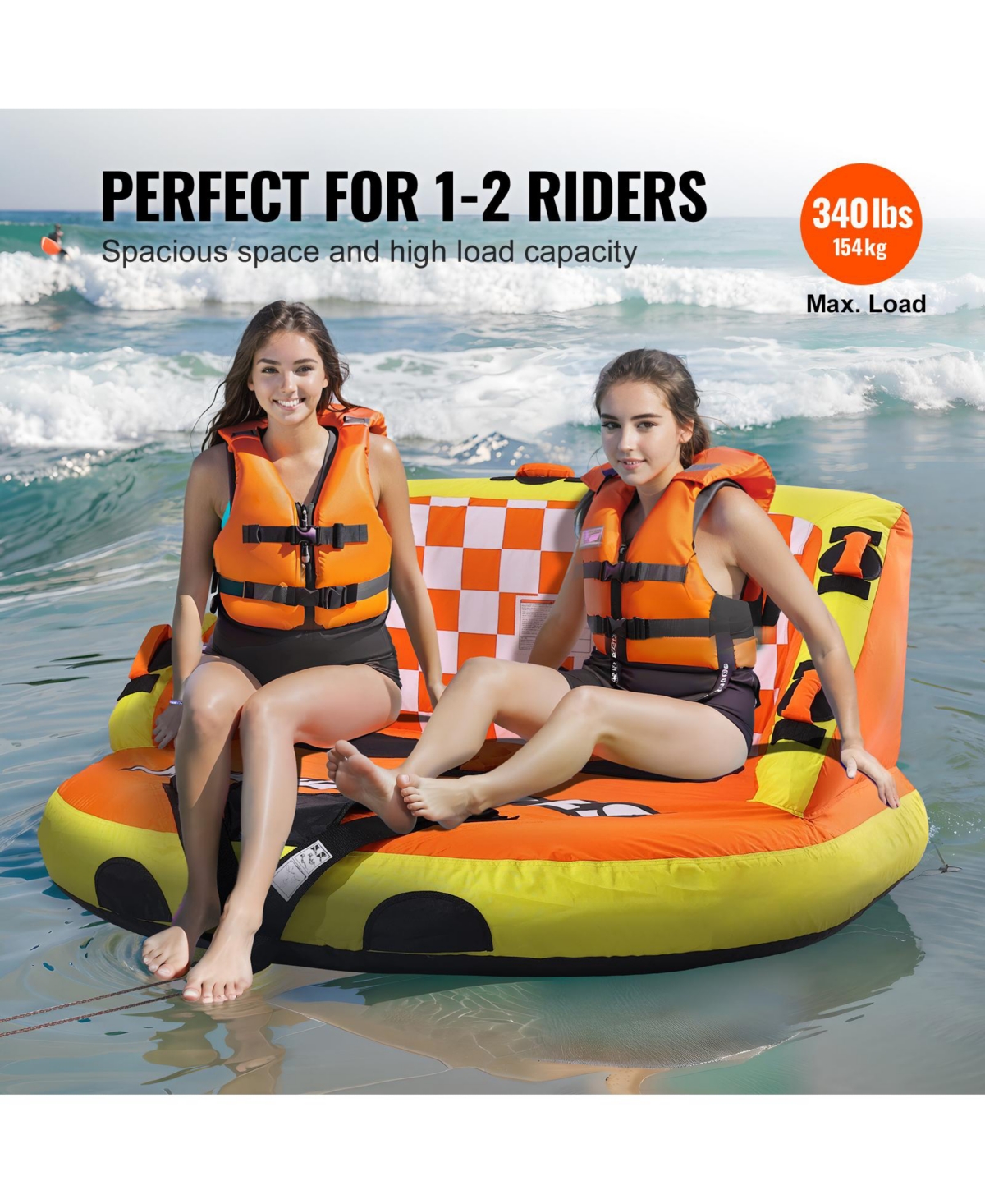 Vevor Inflatable Towable Tube for Boating 1-2 Rider with Deck Seats and Backrest