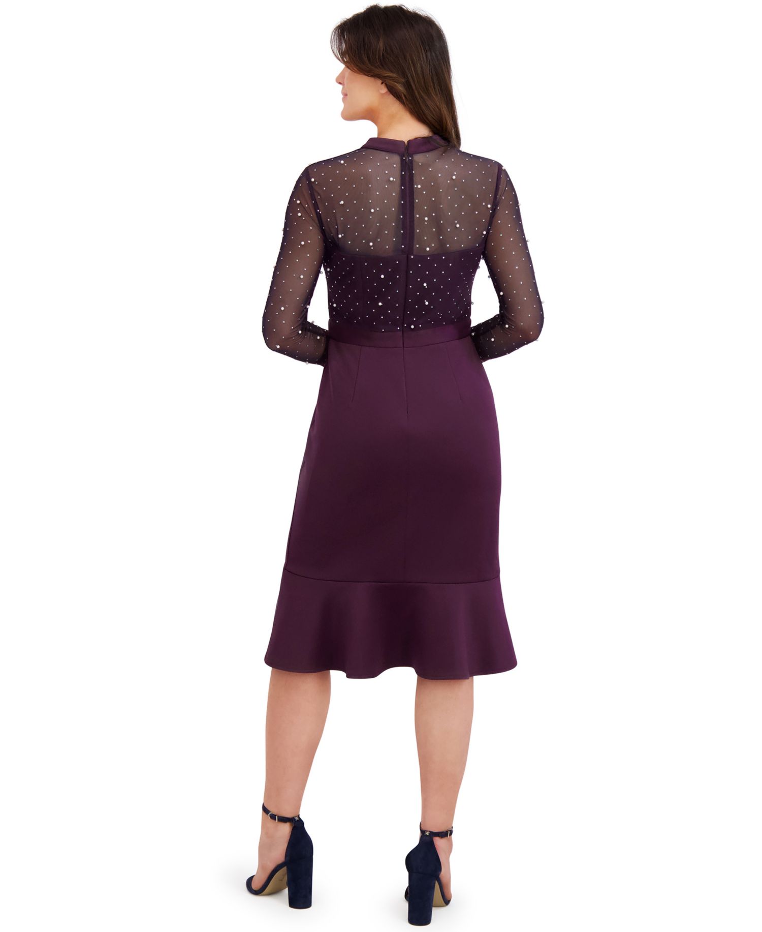 Petite Beaded Illusion Mock-Neck Midi Dress
